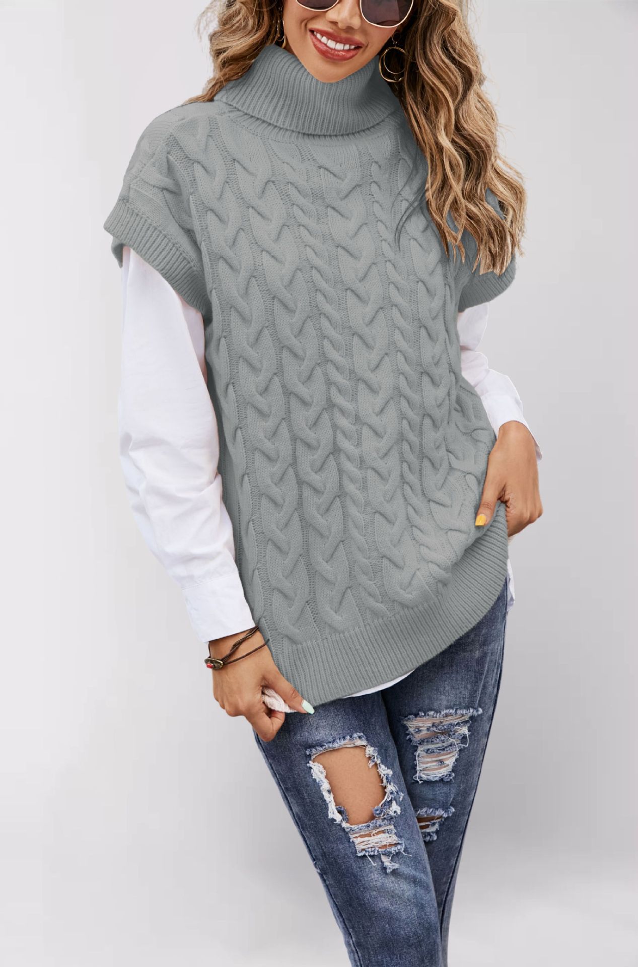 Women's Sleeveless Cable Knit Turtleneck Sweater Vest Loose Pullover