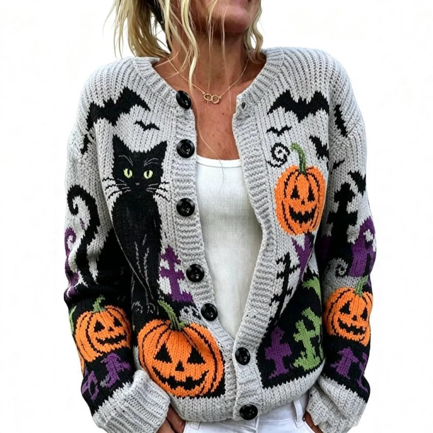 Halloween Cat Pumpkin Castle Bat Print Women's Cardigan