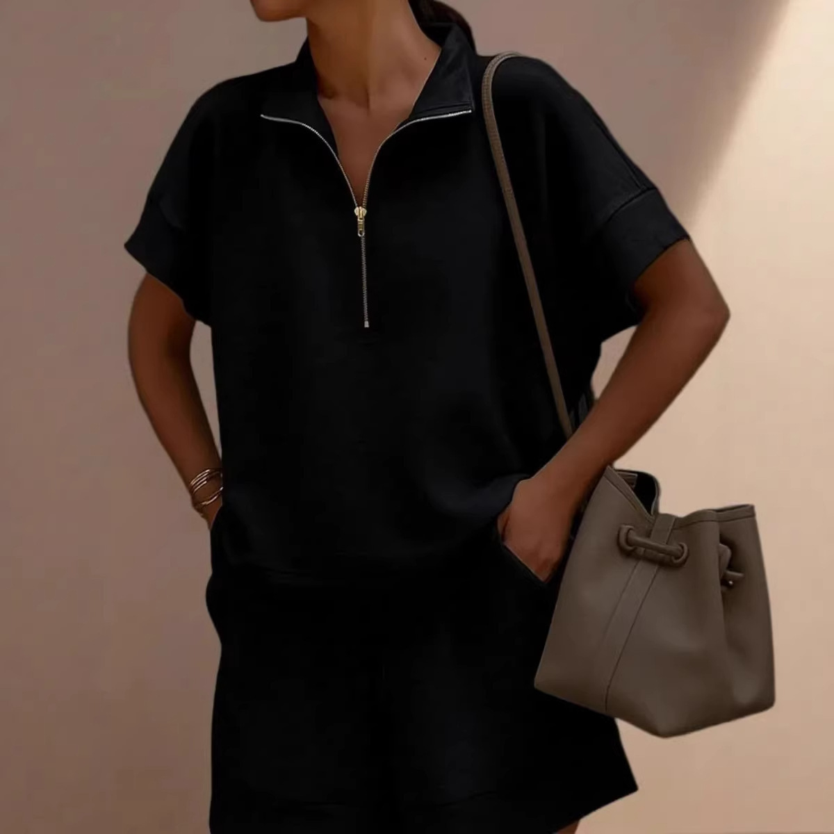 Women's Solid Color Long-Sleeve Top and Shorts Two-Piece Set Casual Streetwear