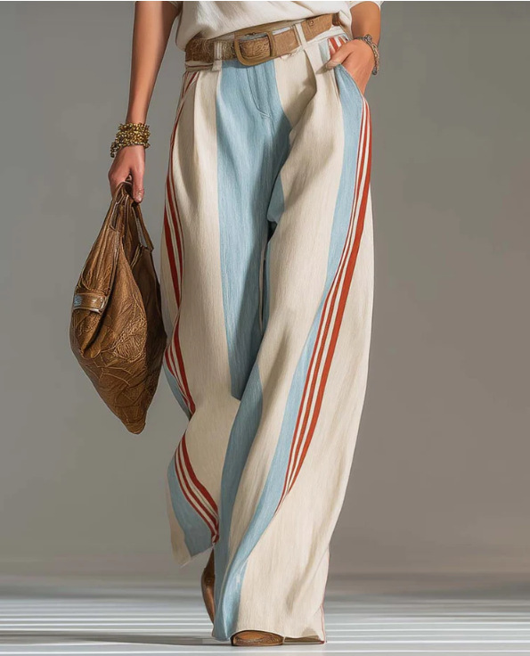 Retro Color-Block Striped Wide-Leg High-Waist Pleated Straight Pants