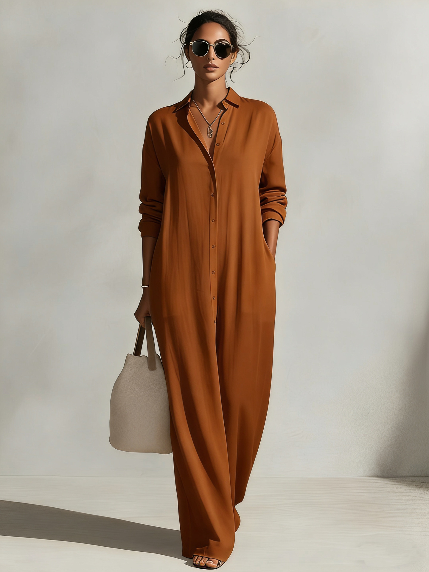 Women's Long Sleeve Polo Neck Shirt Dress Casual Solid Color Long Dress