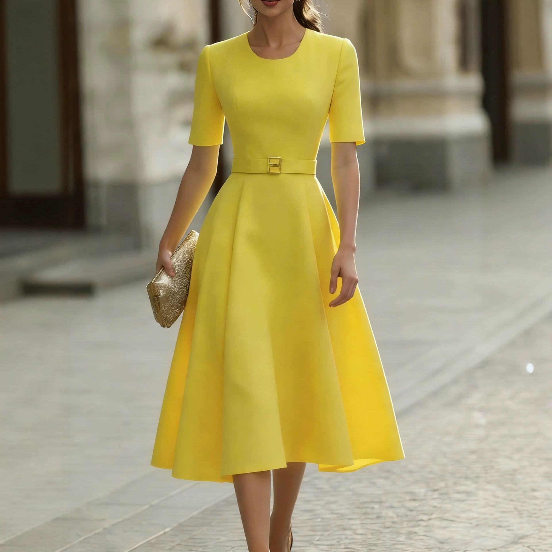 Elegant Solid Crewneck Mini Dress with Belt
