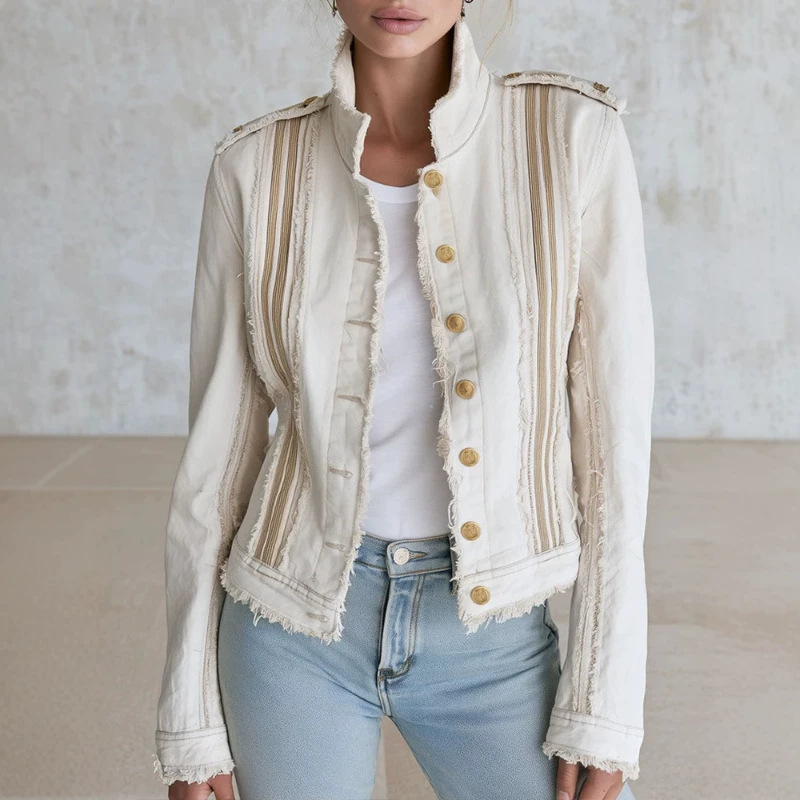 Casual Vintage Frayed Off-White Denim Jacket