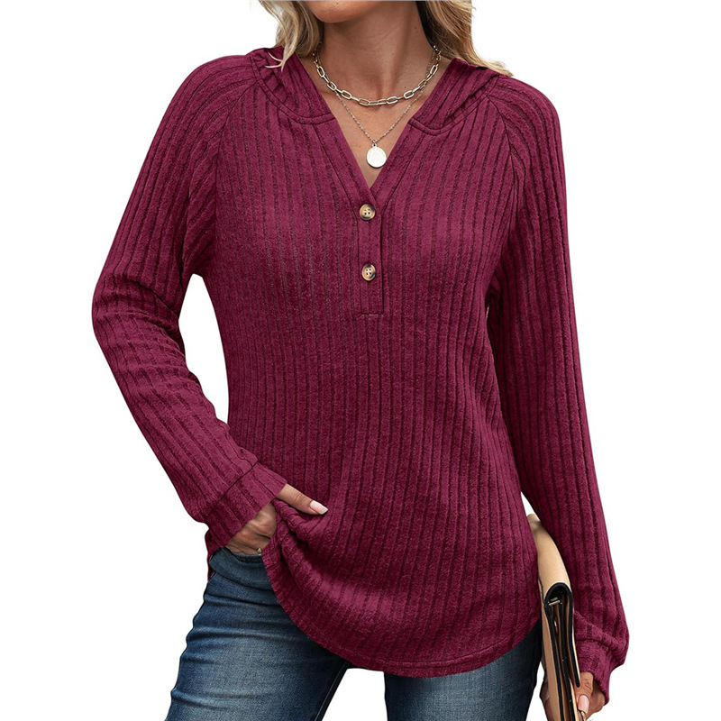 Women's Solid V-Neck Button Loose Hooded Fleece Knit Top