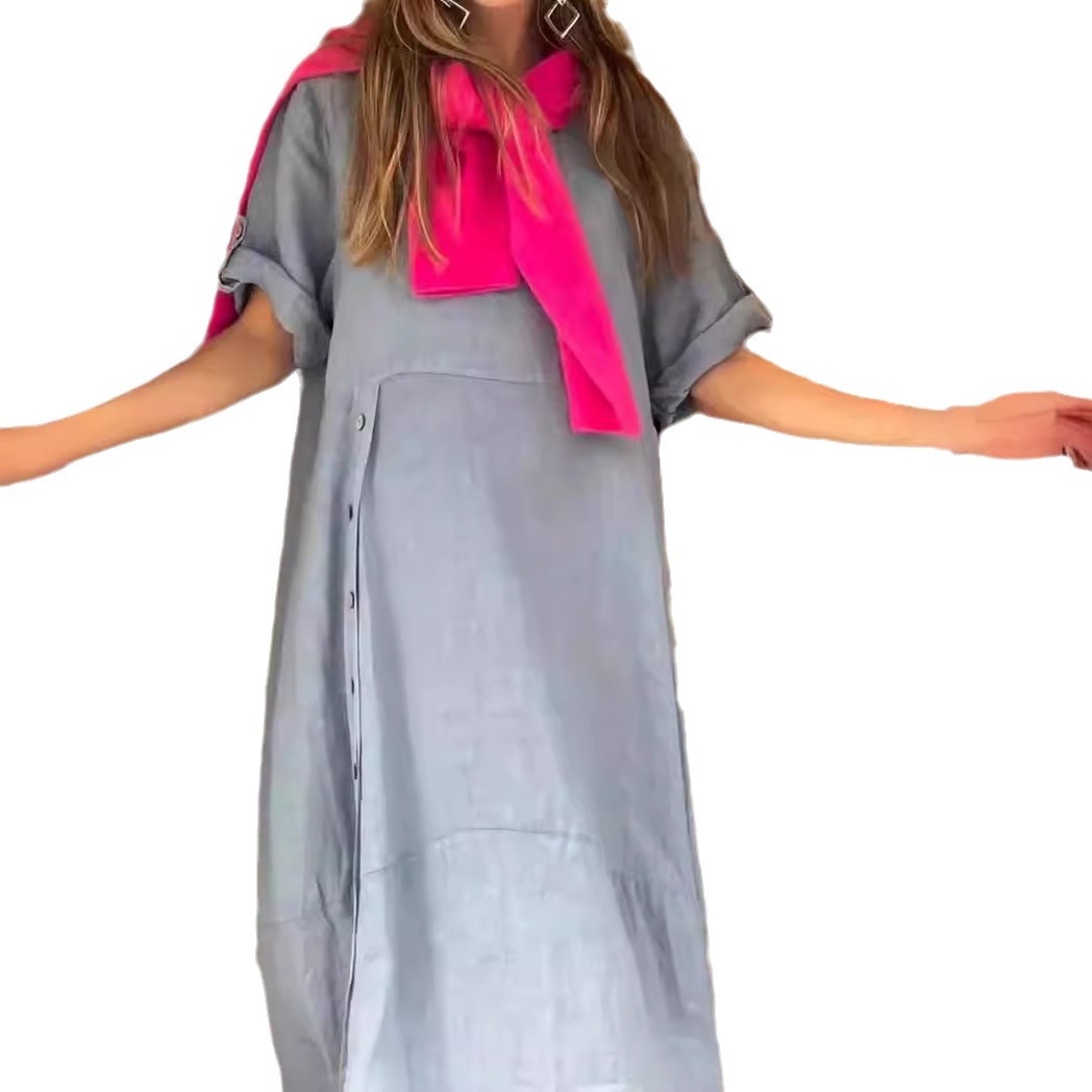 Women's Summer Loose Casual Solid Short Sleeve Cotton Linen Dress