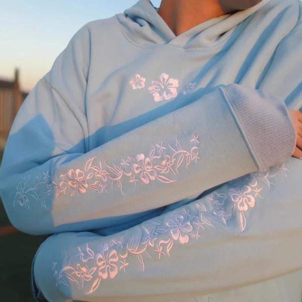 Floral Embroidered Hooded Pullover Sweatshirt Long Sleeve Loose Fit