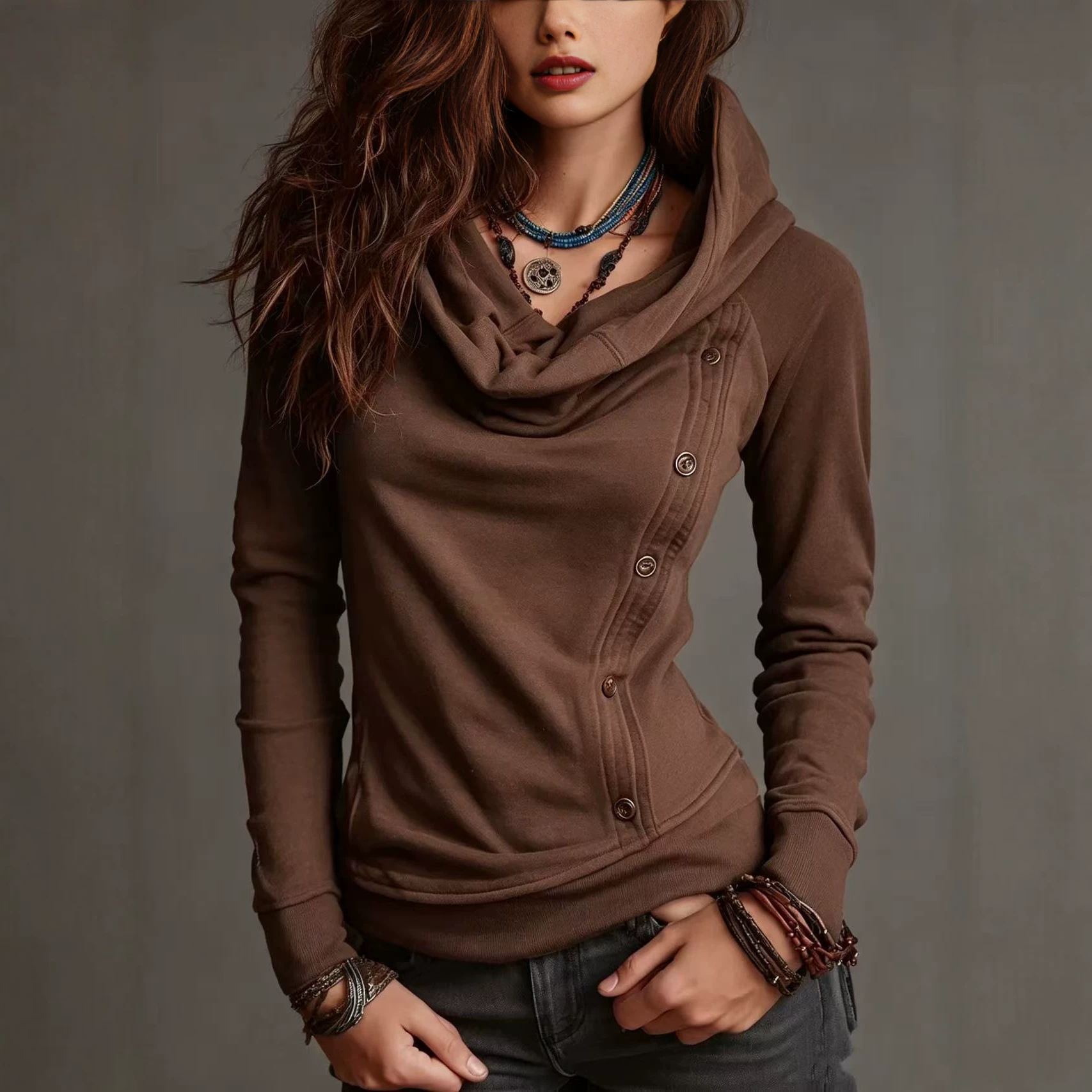 Retro High Neck Hooded Button Pullover Sweatshirt for Women