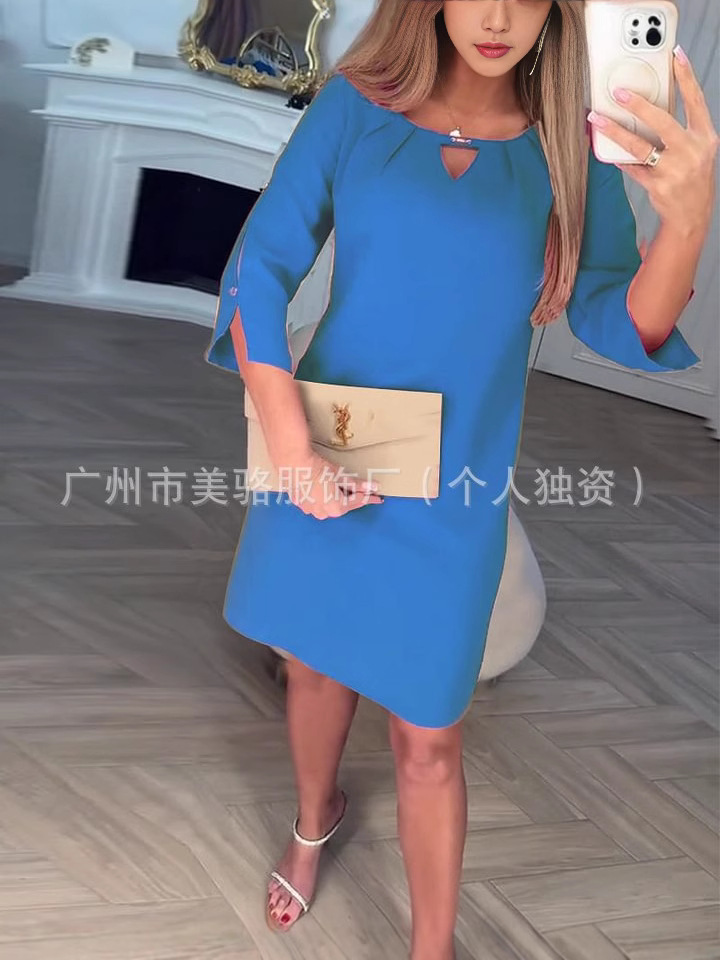 Women's Solid Color Midi Dress Round Neck 3/4 Sleeve