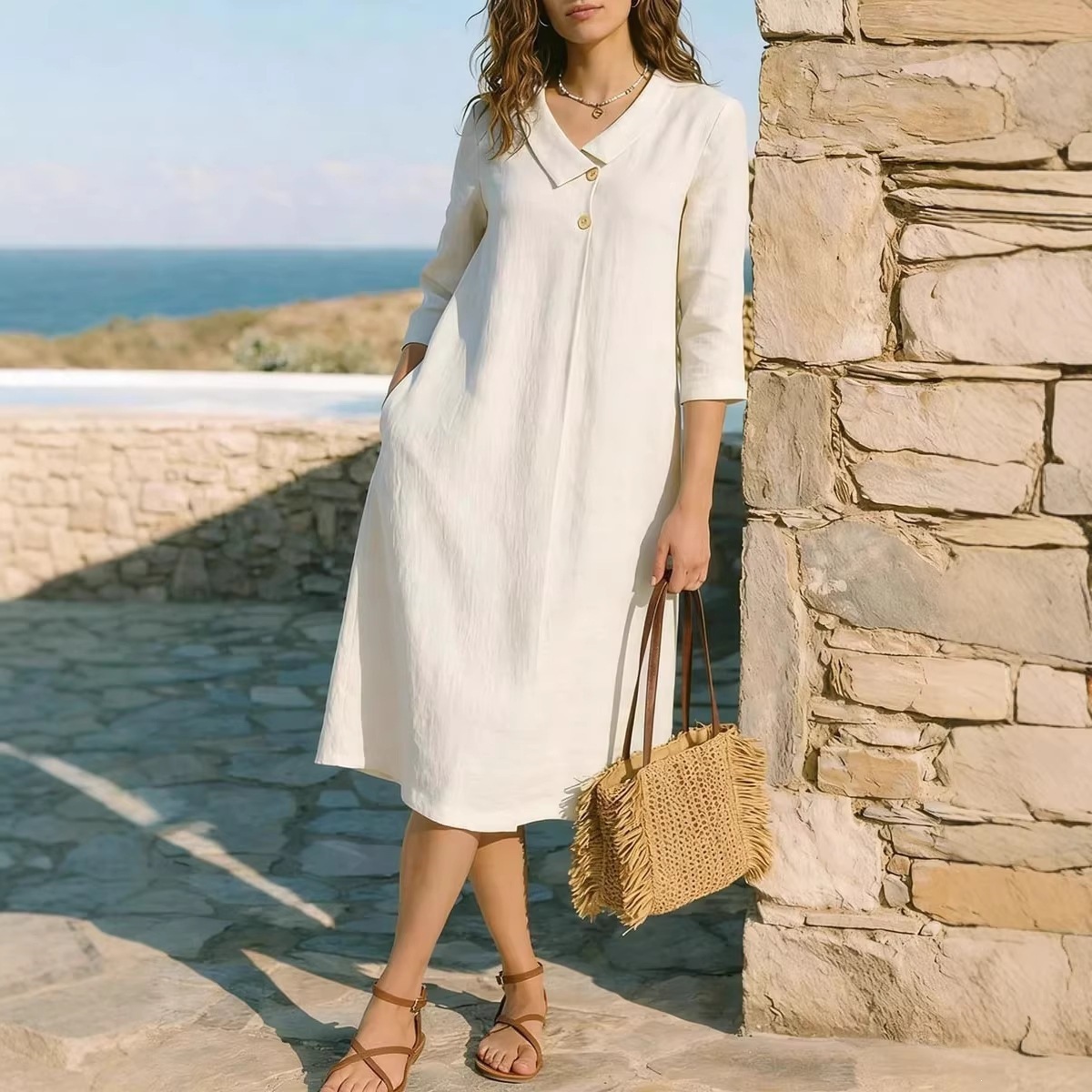 Women's Summer Solid Color French Collar Midi Dress