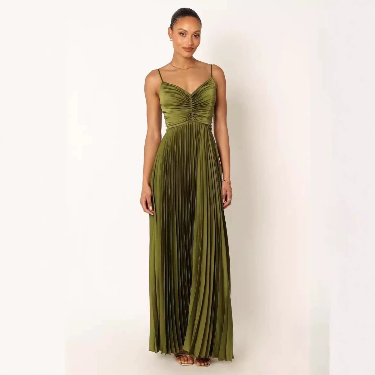 Pleated Sleeveless Backless High-Waist Solid Color Maxi Dress