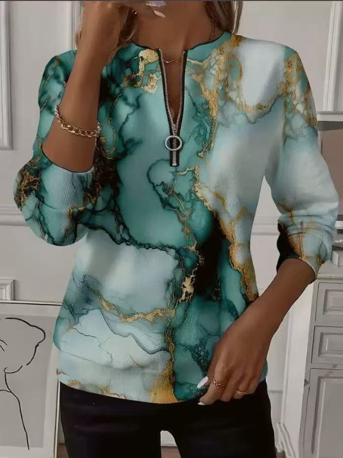 Women's Boho Print Long Sleeve Zip-Up Sweatshirt Casual Top