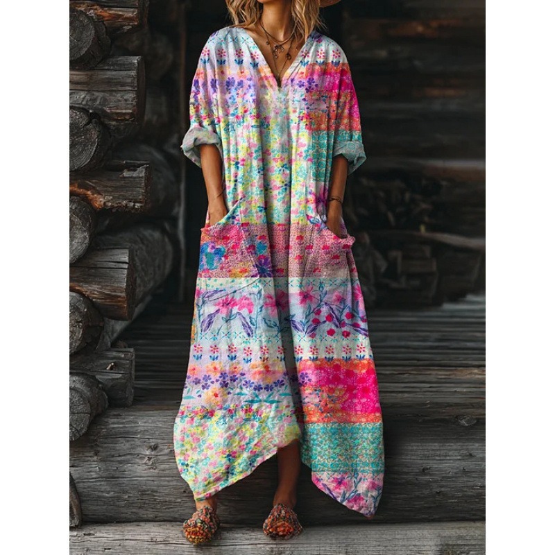Women's Floral Ripple Print V-Neck A-Line Midi Dress Long Sleeve