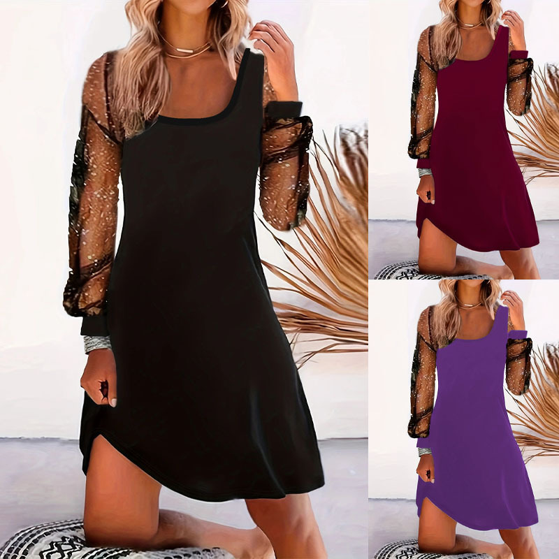 Elegant U-Neck Mesh Panel Long-Sleeve A-Line Dress