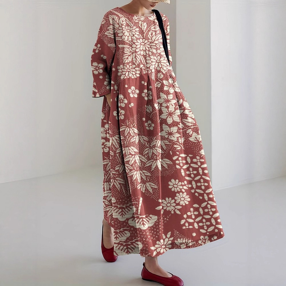 Women's Floral Print Casual A-Line Dress with U-Neck and Short Sleeves