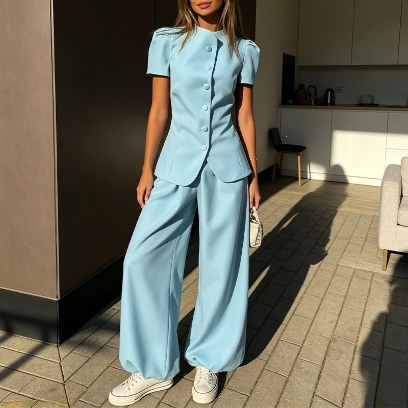 Women's Solid Color Waist-Defining Top and Pants Two-Piece Set