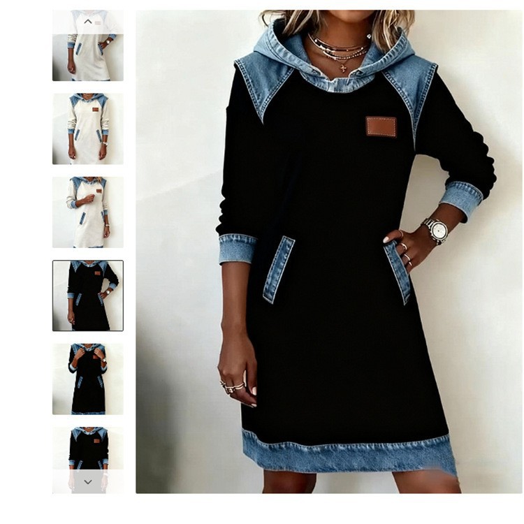 Women's Casual Colorblock Button Long-Sleeve Hooded Sweatshirt Dress