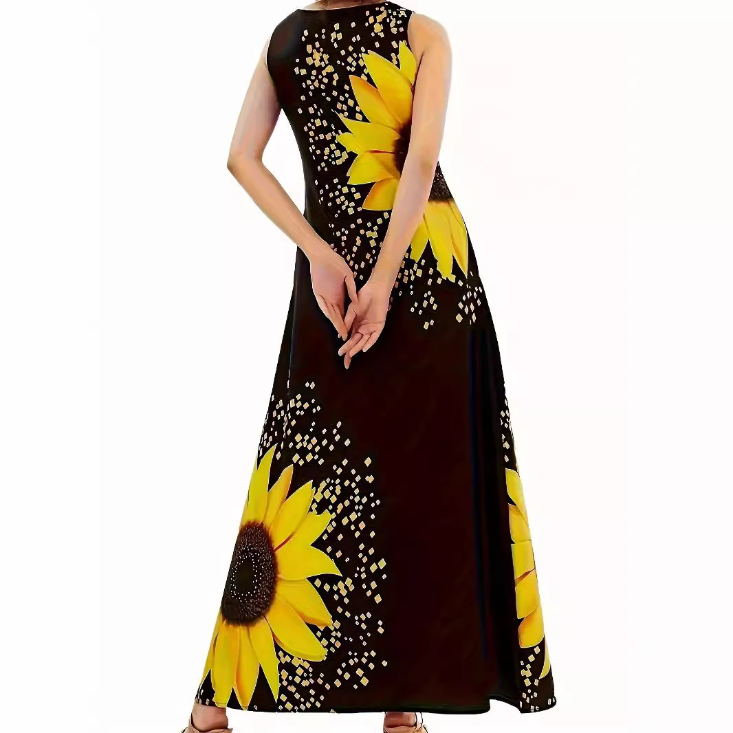 Women's Sleeveless Bohemian Maxi Dress with Placement Print and Flared A-Line Skirt