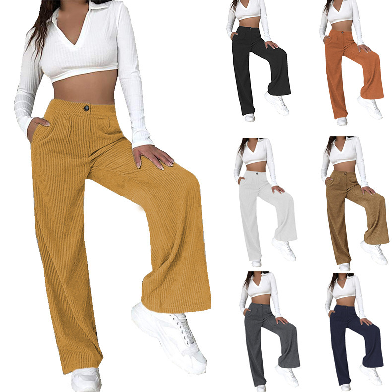Women's High-Waist Corduroy Straight-Leg Pants Solid Color Casual Trousers