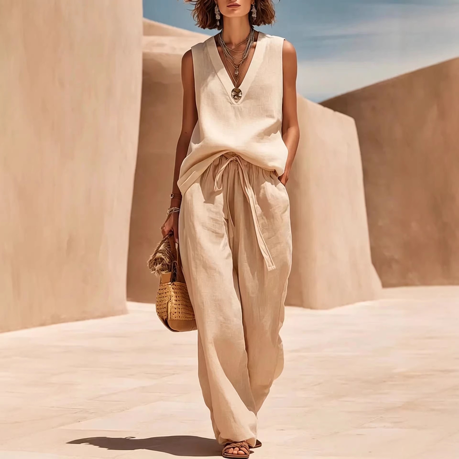 Women's Cotton-Linen Sleeveless V-Neck Two-Piece Set Casual Summer Outfit