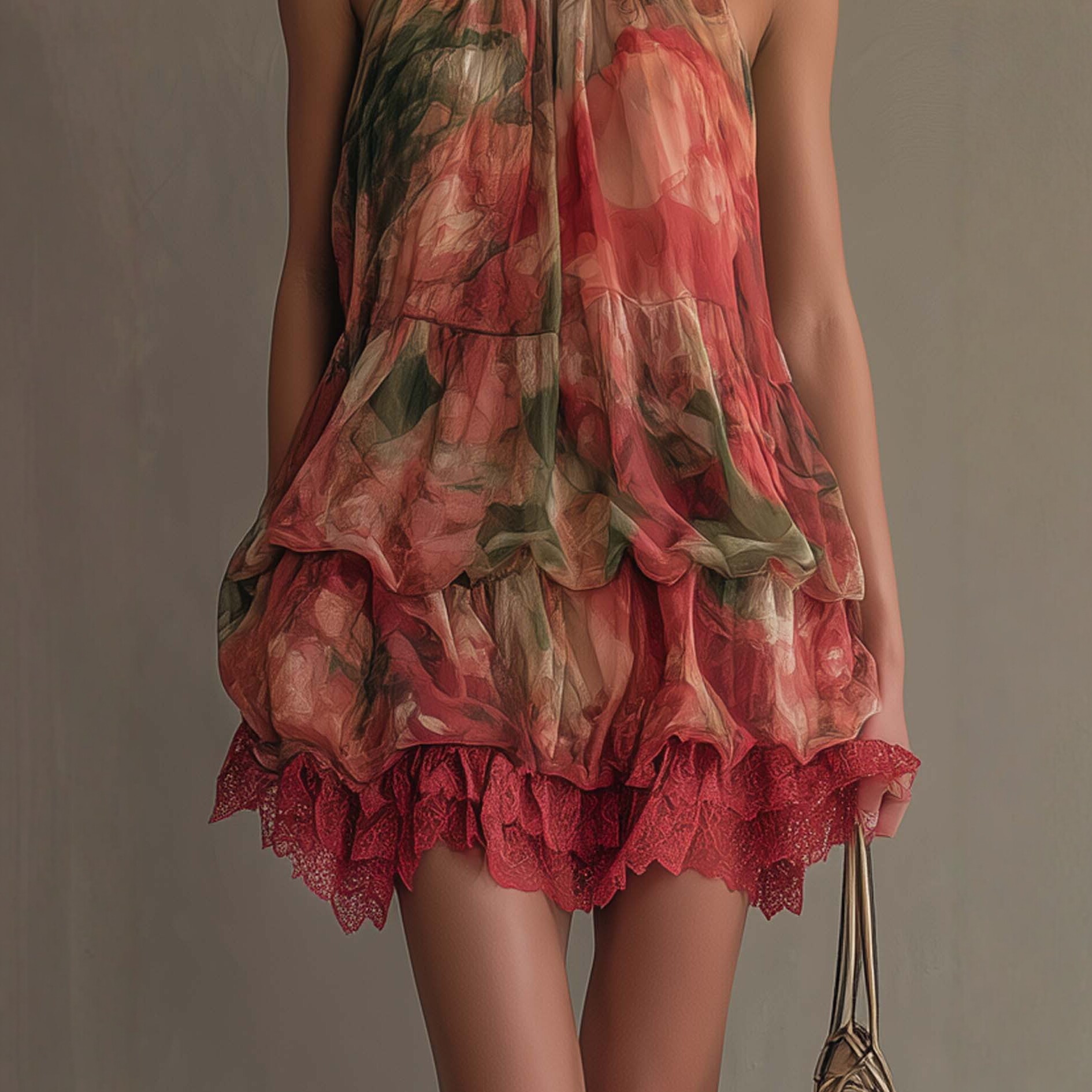 Women's Halter Neck Floral Print Lace Spliced Cami Dress Short