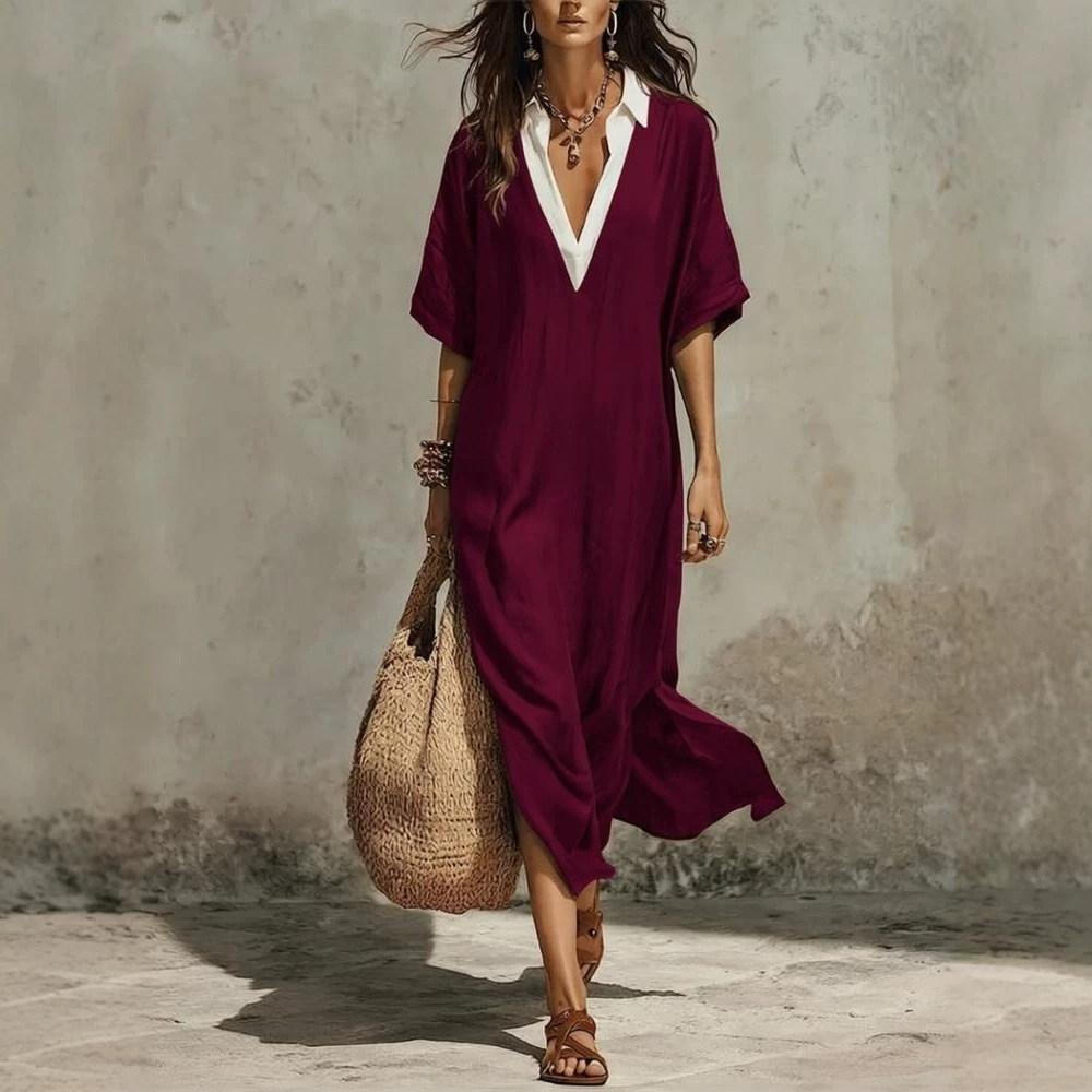 V-Neck Loose Half-Sleeve A-Line Midi Dress