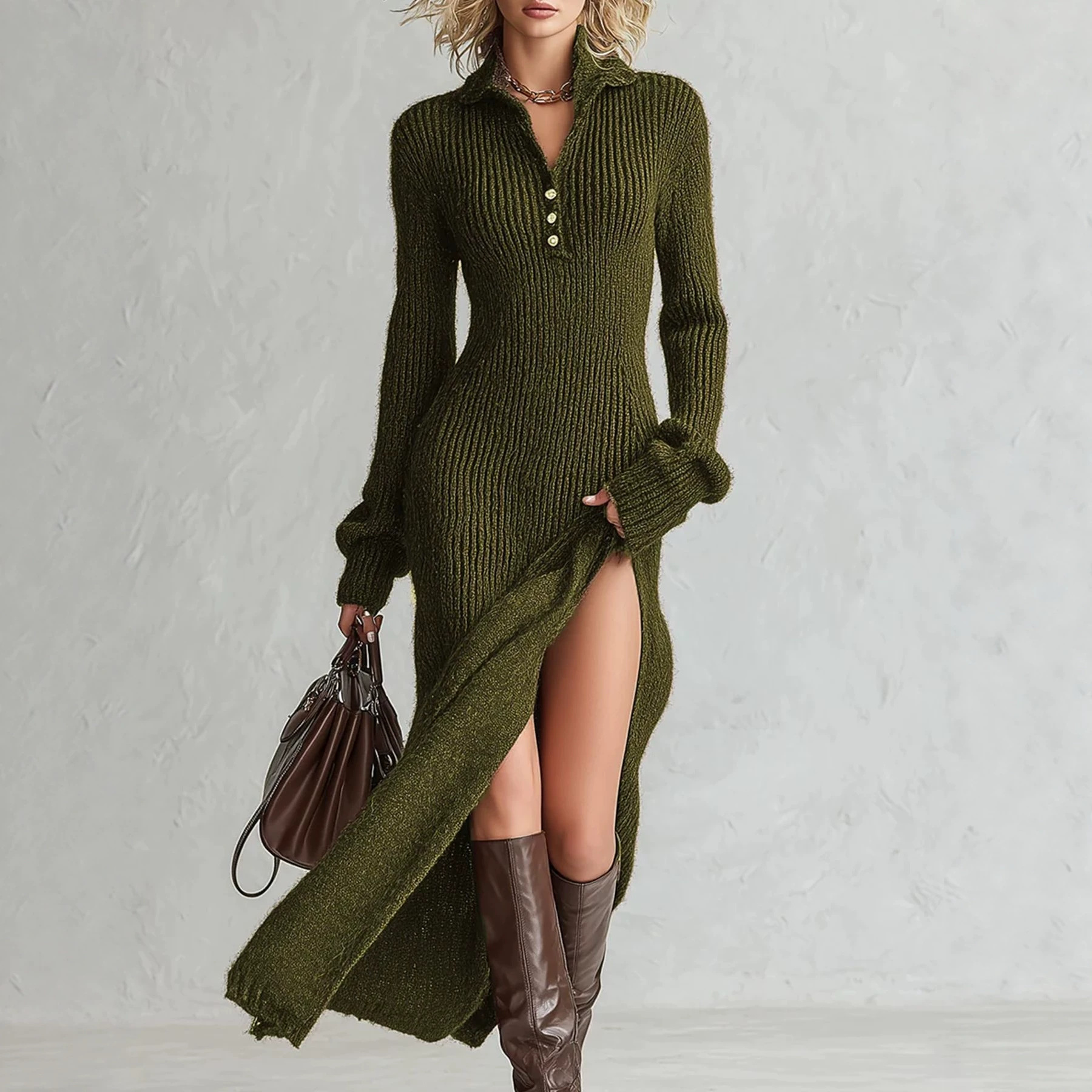 Women's Ribbed Knit Sweater Dress with Collar Half Button High Slit