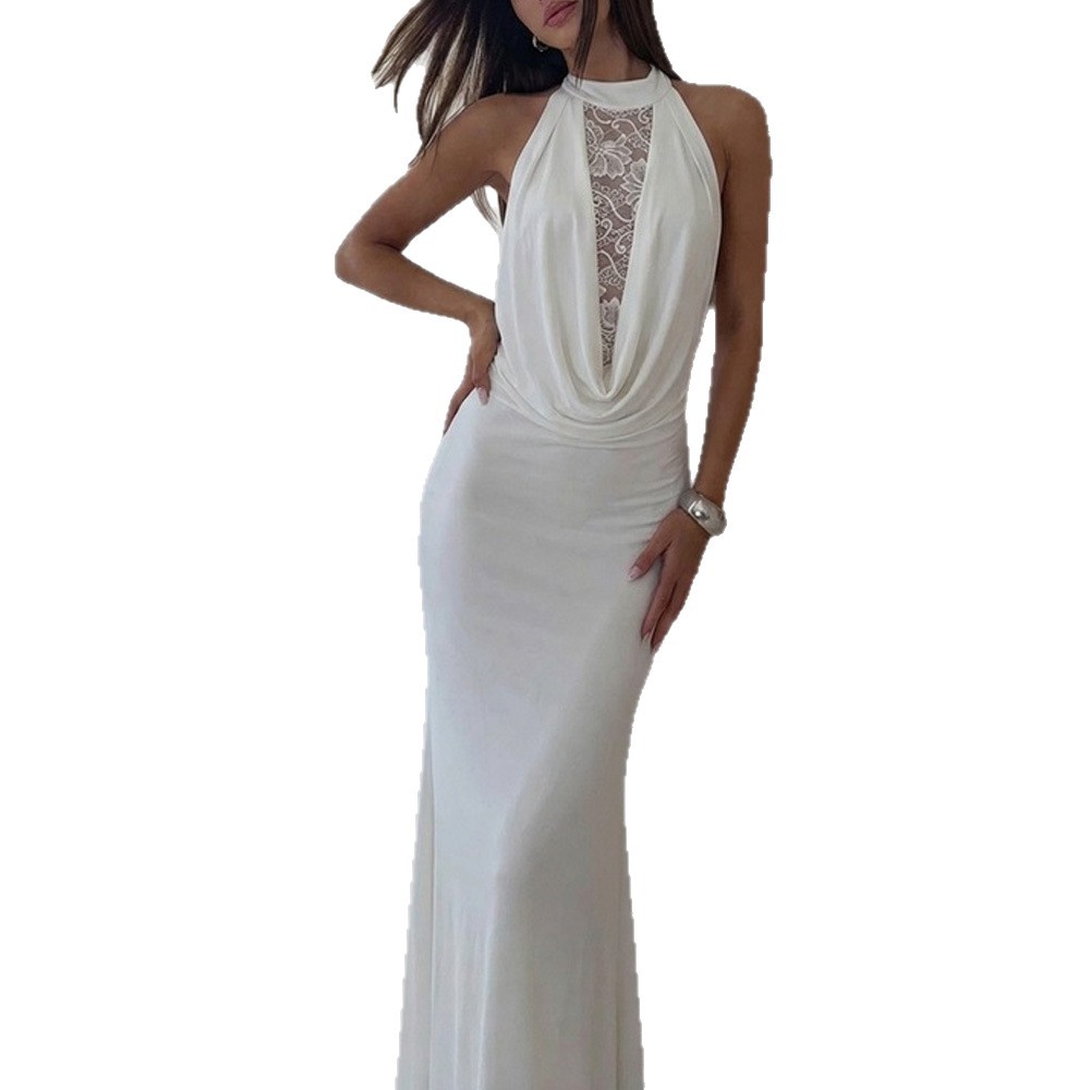 French Lace Spliced Cutout Backless Slit Halter Dress