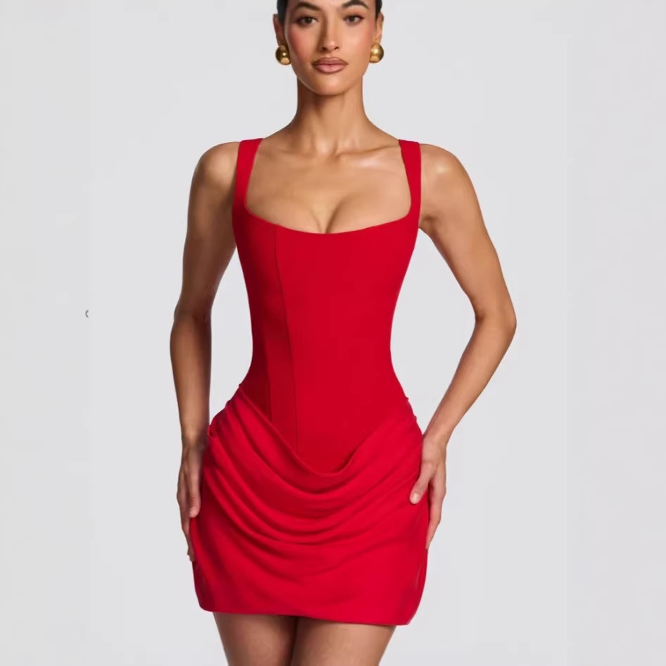 Women's Sleeveless Square Neck Bodycon Mini Dress with Waist Tie