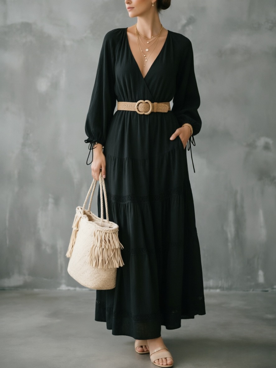 V-Neck Lace Panel Long Sleeve Midi Dress