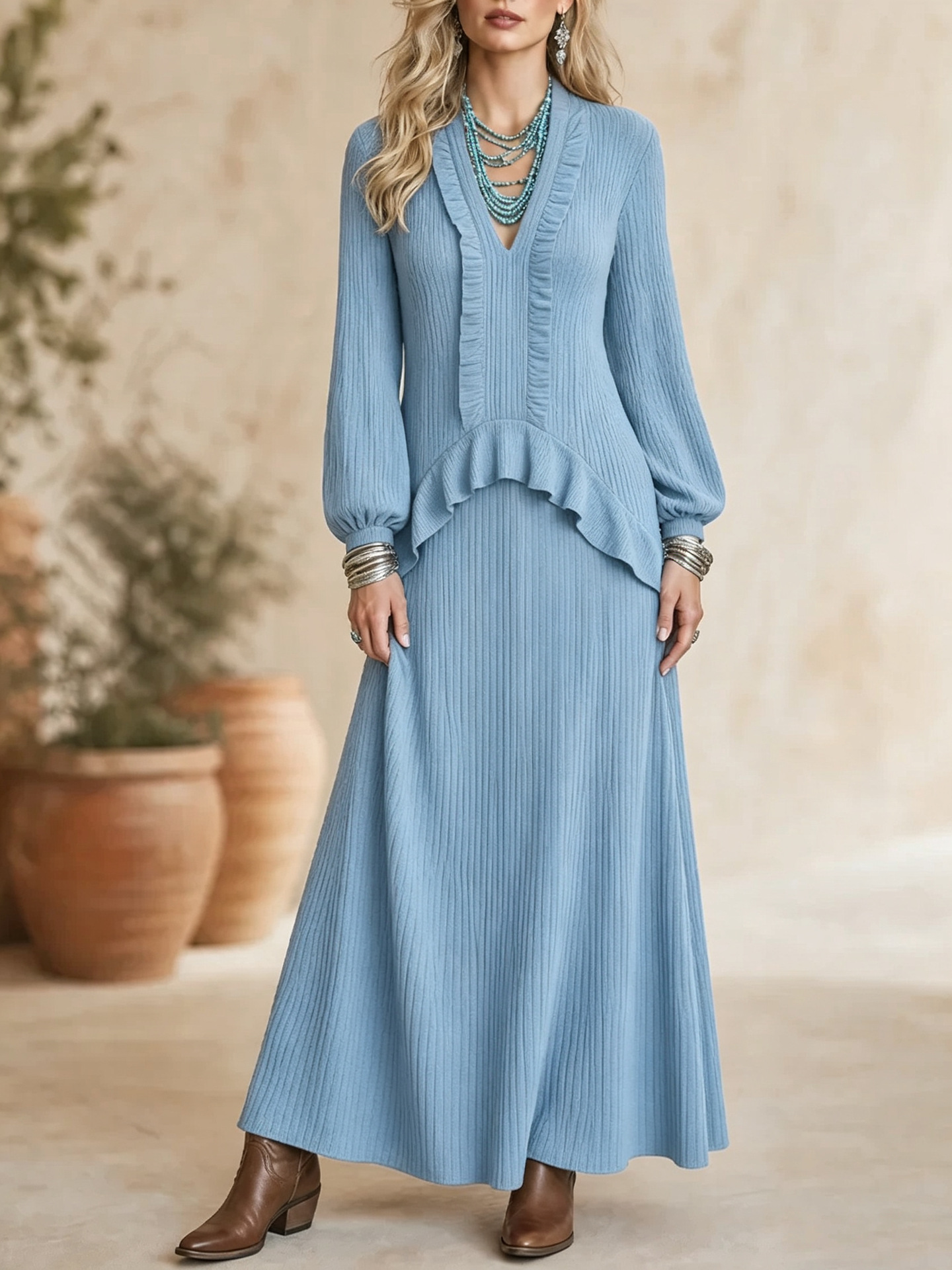 V-Neck Pleated Ruffle Lantern Sleeve Loose Long Dress