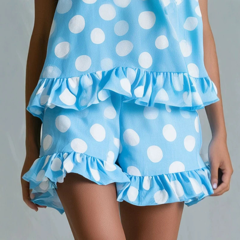 Retro Polka Dot Blue One-Shoulder Top and Ruffle Shorts Set