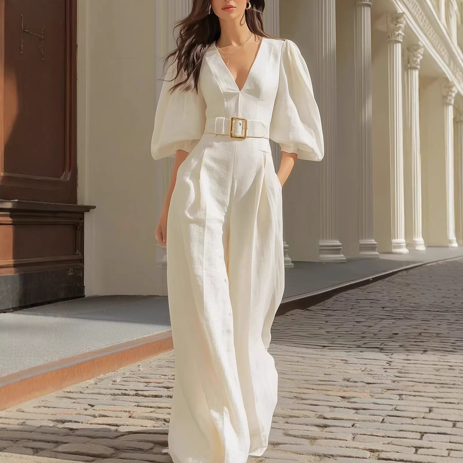 Solid V-Neck Half-Sleeve Belted Jumpsuit with Pockets