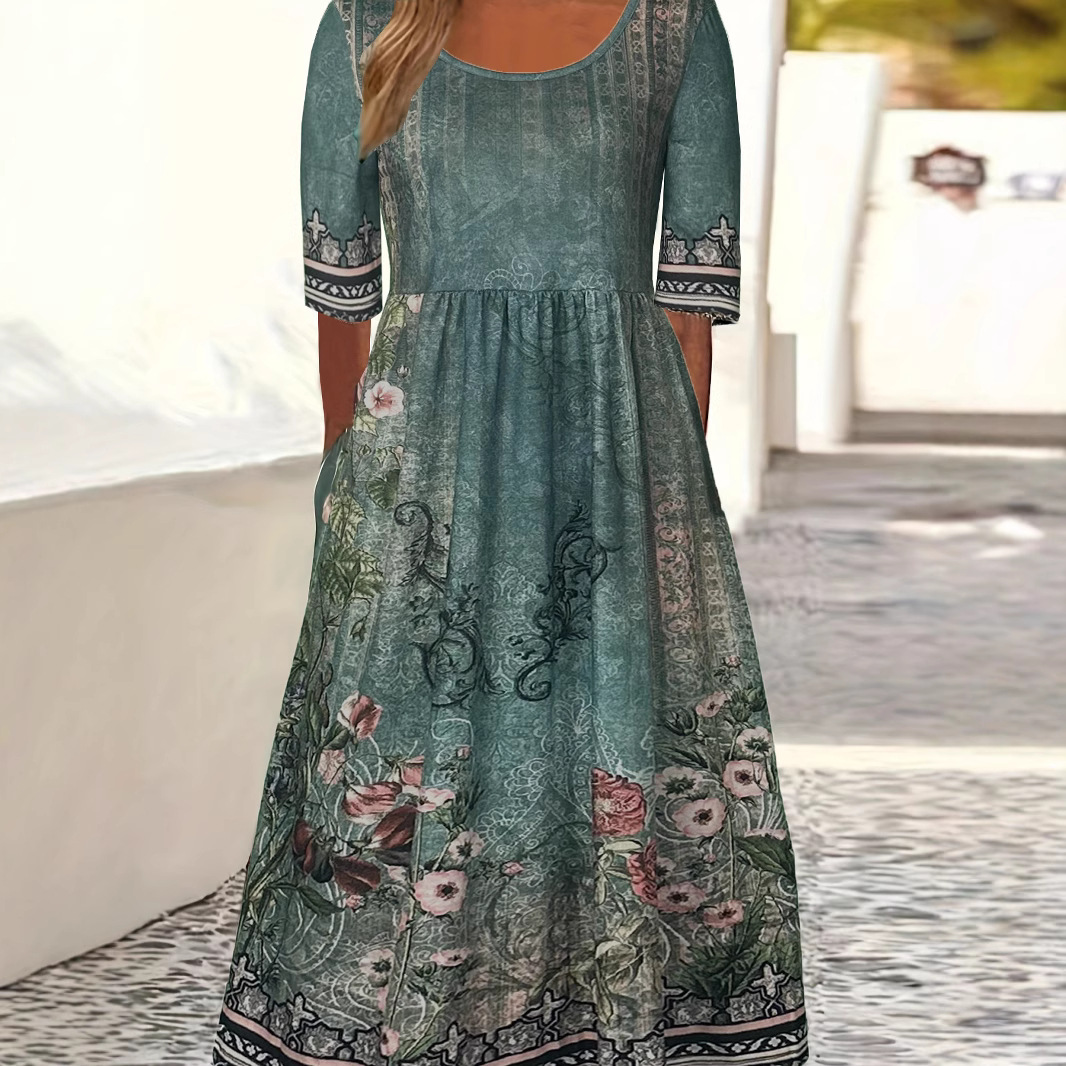 Women's Boho Floral Print Short Sleeve Round Neck A-Line Long Dress
