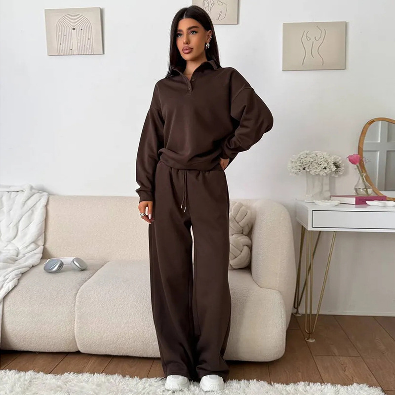 Women's Casual Two-Piece Sweatsuit Solid Color Buttoned Collar Top and Drawstring Pants