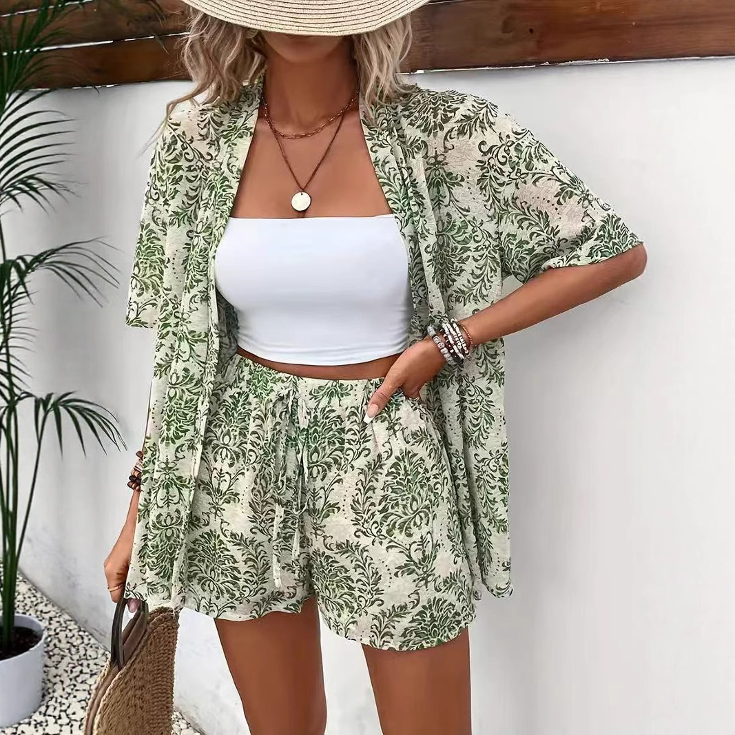 Vacation Print Two-Piece Set: Short Sleeve Tie-Front Shirt & High-Waist Shorts
