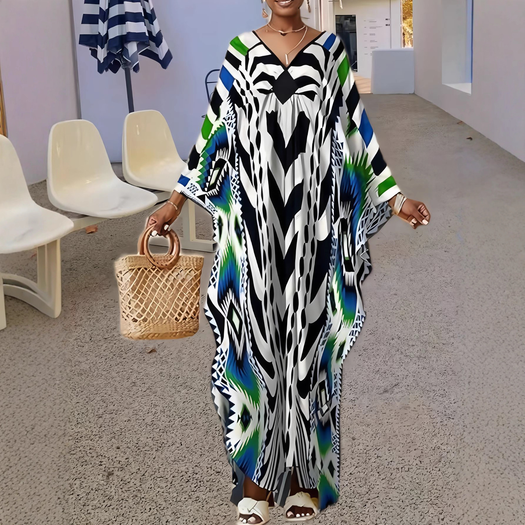 Women's Loose V-Neck Printed Long Sleeve Maxi Robe