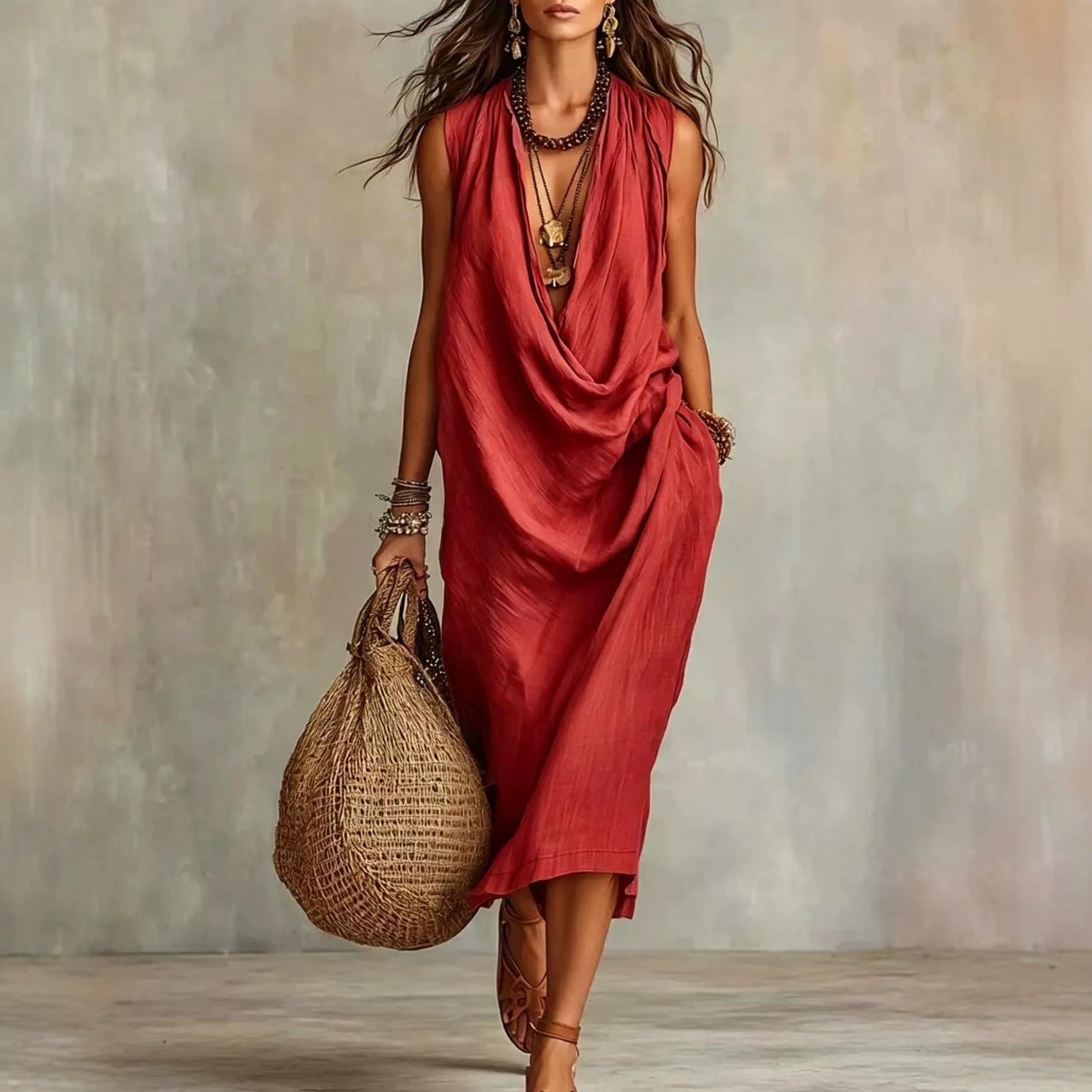 Women's Casual Draped Neck Cotton Linen Dress Loose Sleeveless Vacation Dress