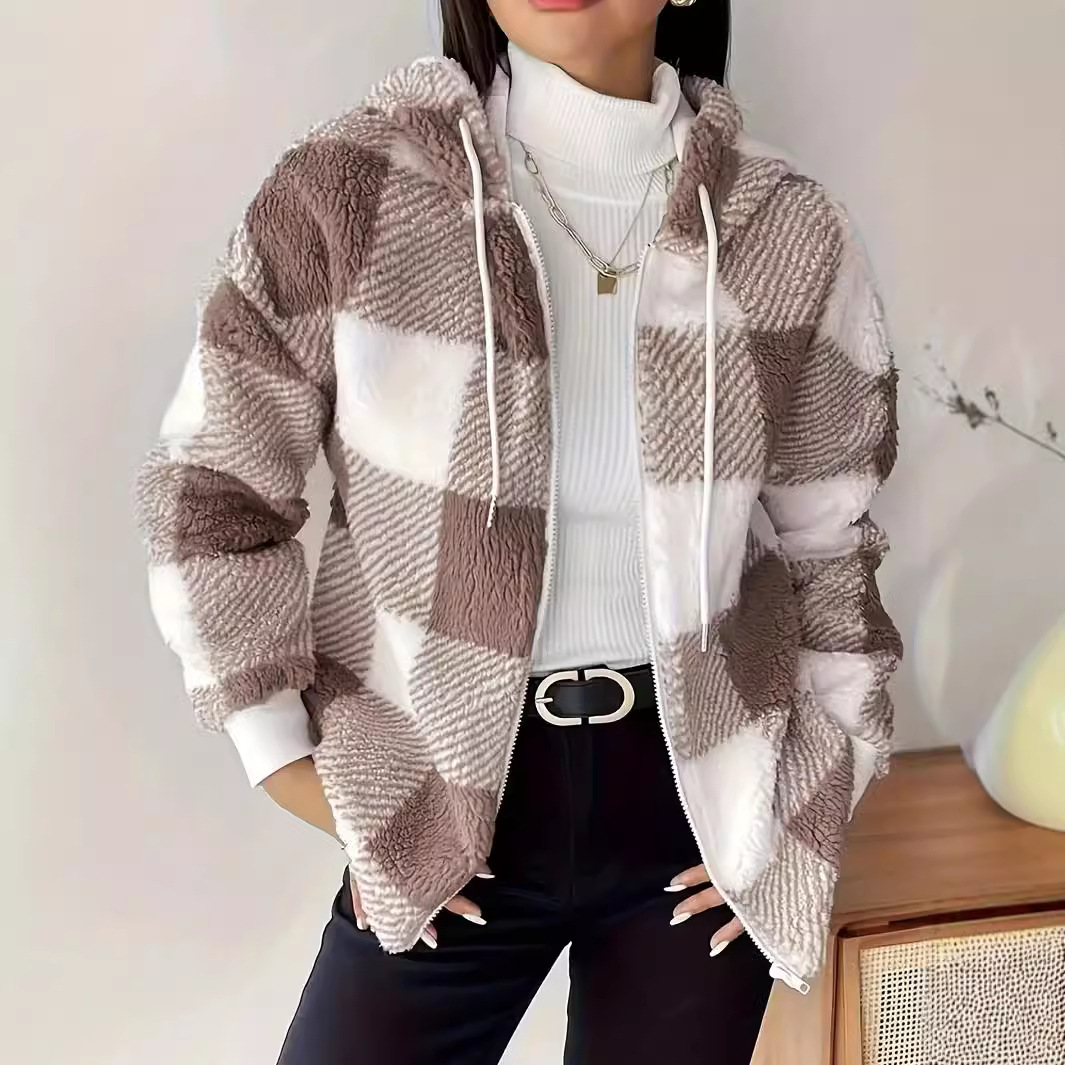 Plaid Hooded Zip-Up Cardigan Coat Loose Fit Long Sleeve Fuzzy Knit