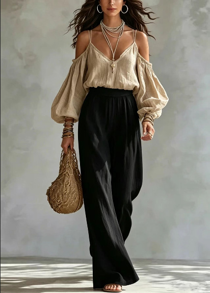 V-Neck Cold-Shoulder Long-Sleeve Solid Top & High-Waist Black Wide-Leg Pants Women's Two-Piece Set