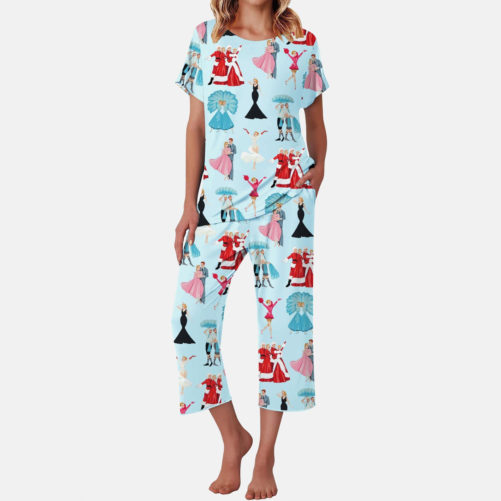 Women's Summer Portrait Print Loungewear Set Short Sleeve Top & Pants