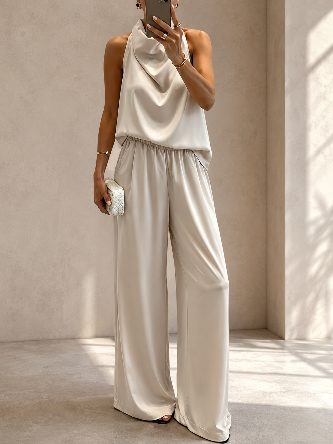 Women's Summer Halter V-Neck Sleeveless Top & High-Waist Wide-Leg Pants Set
