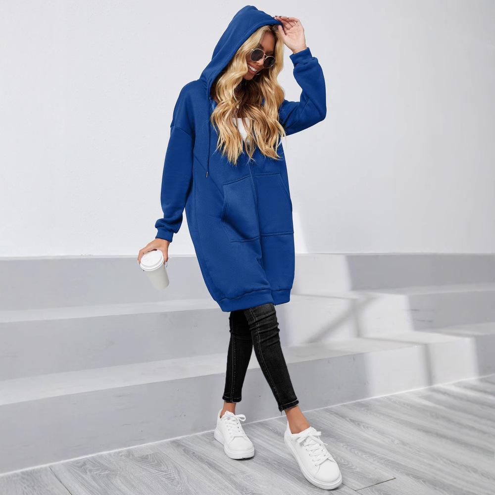 Women's Zip-Up Hooded Cardigan Sweatshirt Jacket with Pockets, Mid-Long Loose Fit