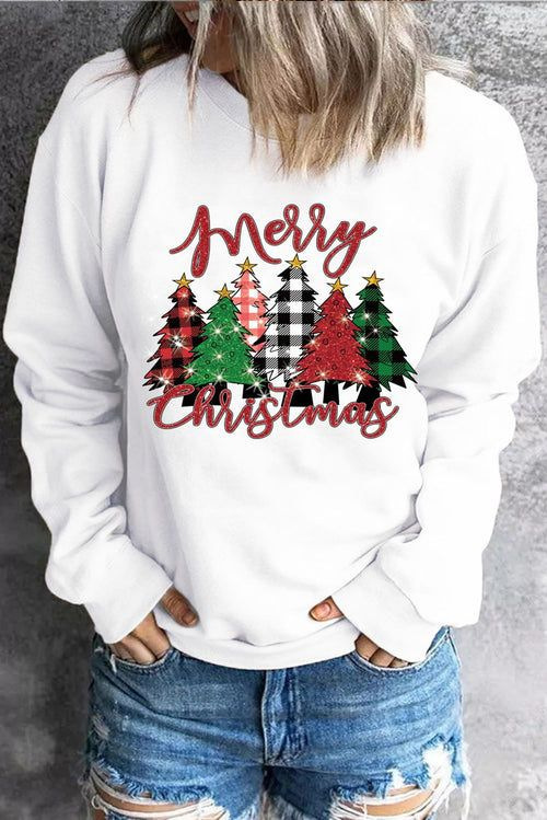Women's Colorblock Plaid Cartoon Tree Crewneck Sweatshirt