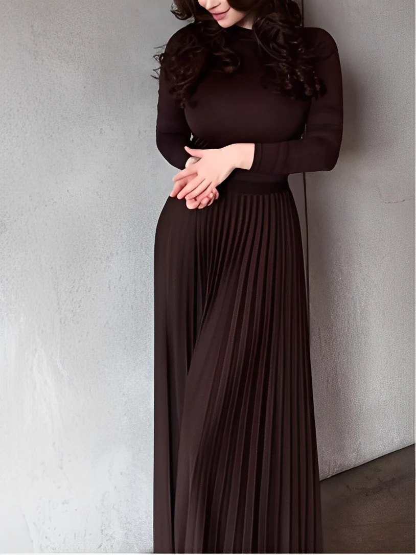 Solid Knit Long-Sleeve Fitted Top and Pleated Maxi Skirt Set