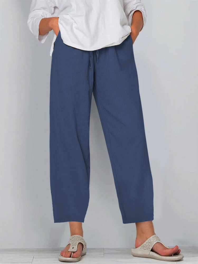 Women's Cotton-Linen Wide-Leg Pants with Elastic Waist Solid Color Casual Long Pants