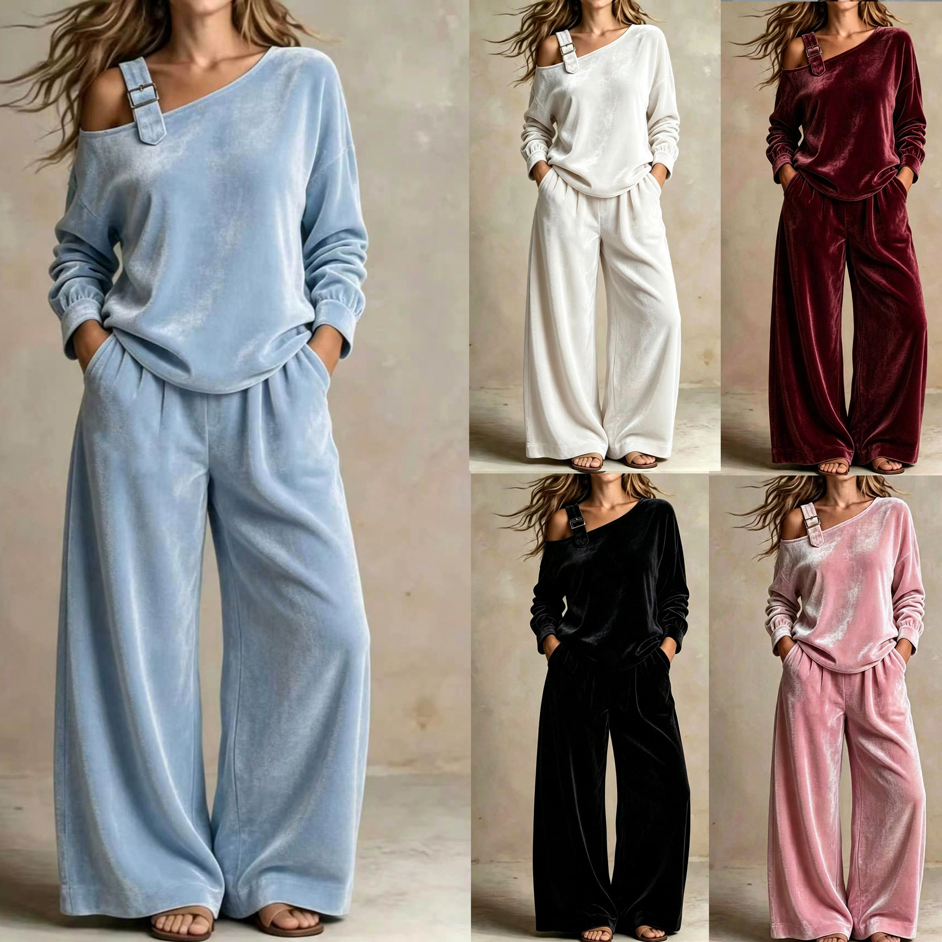 Women's Velvet One-Shoulder Two-Piece Pants Set Casual Loungewear