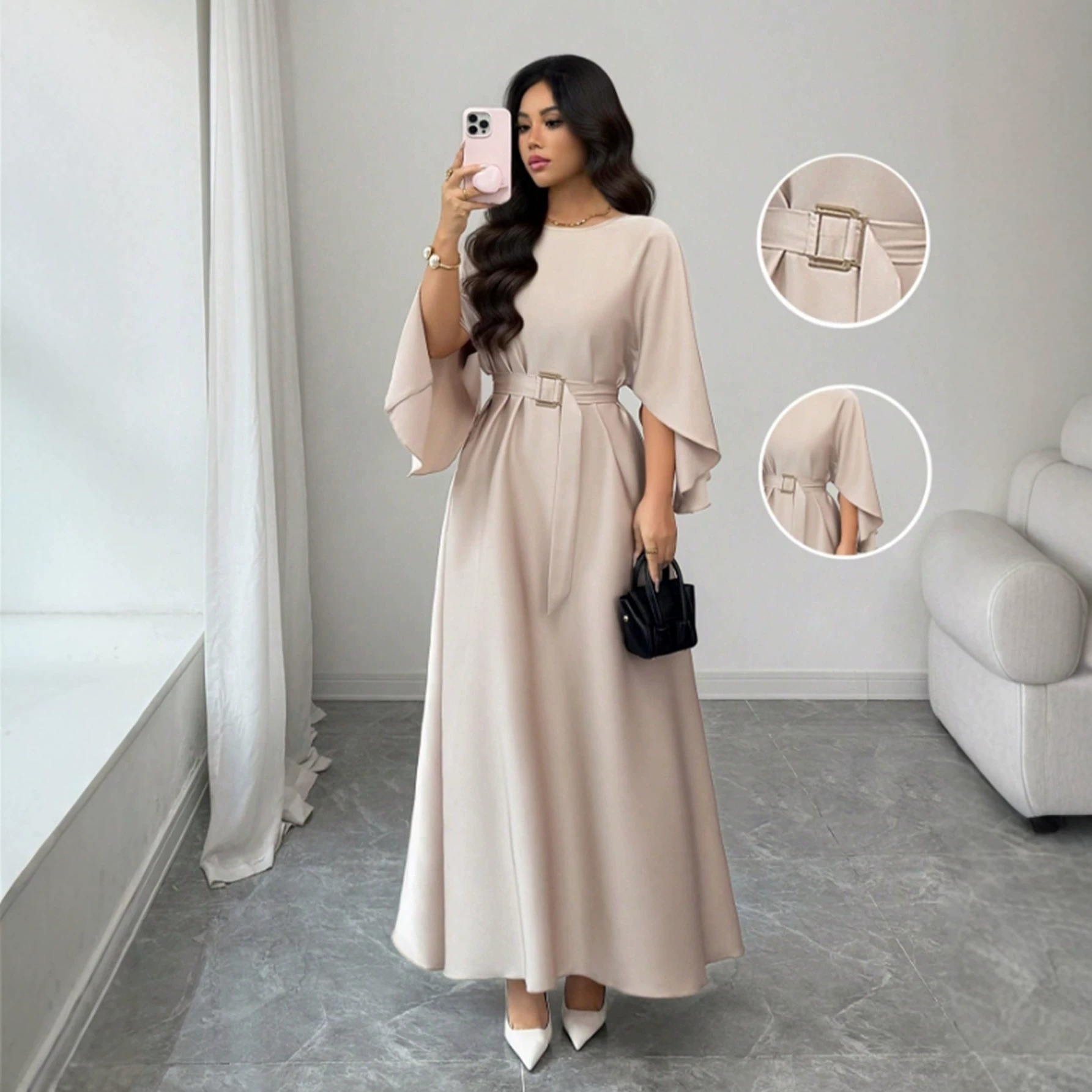 Women's Round Neck Tie-Waist Long Dress with Batwing Sleeves Solid Color