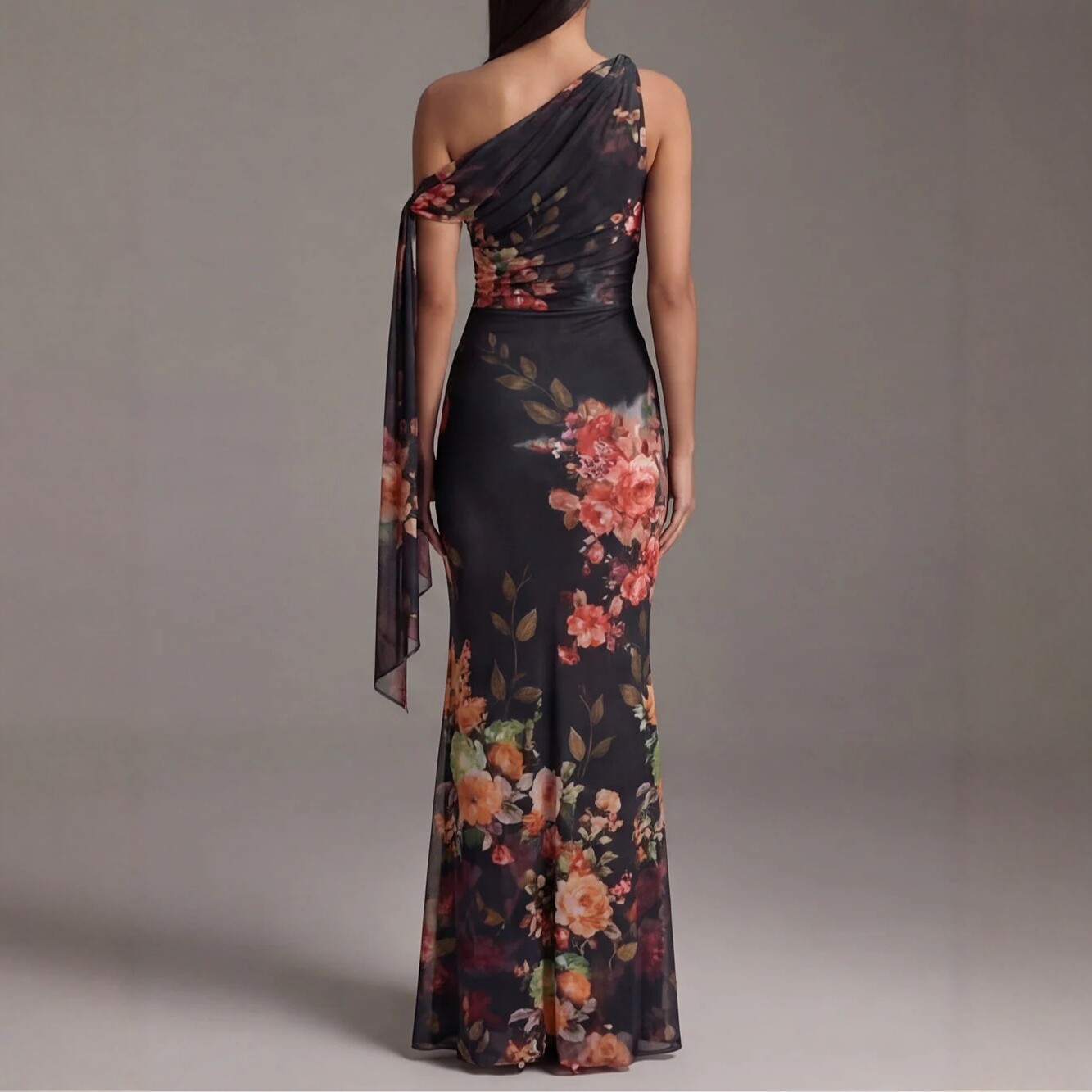 Sleeveless Digital Print One-Shoulder Waist-Cinched Long Dress