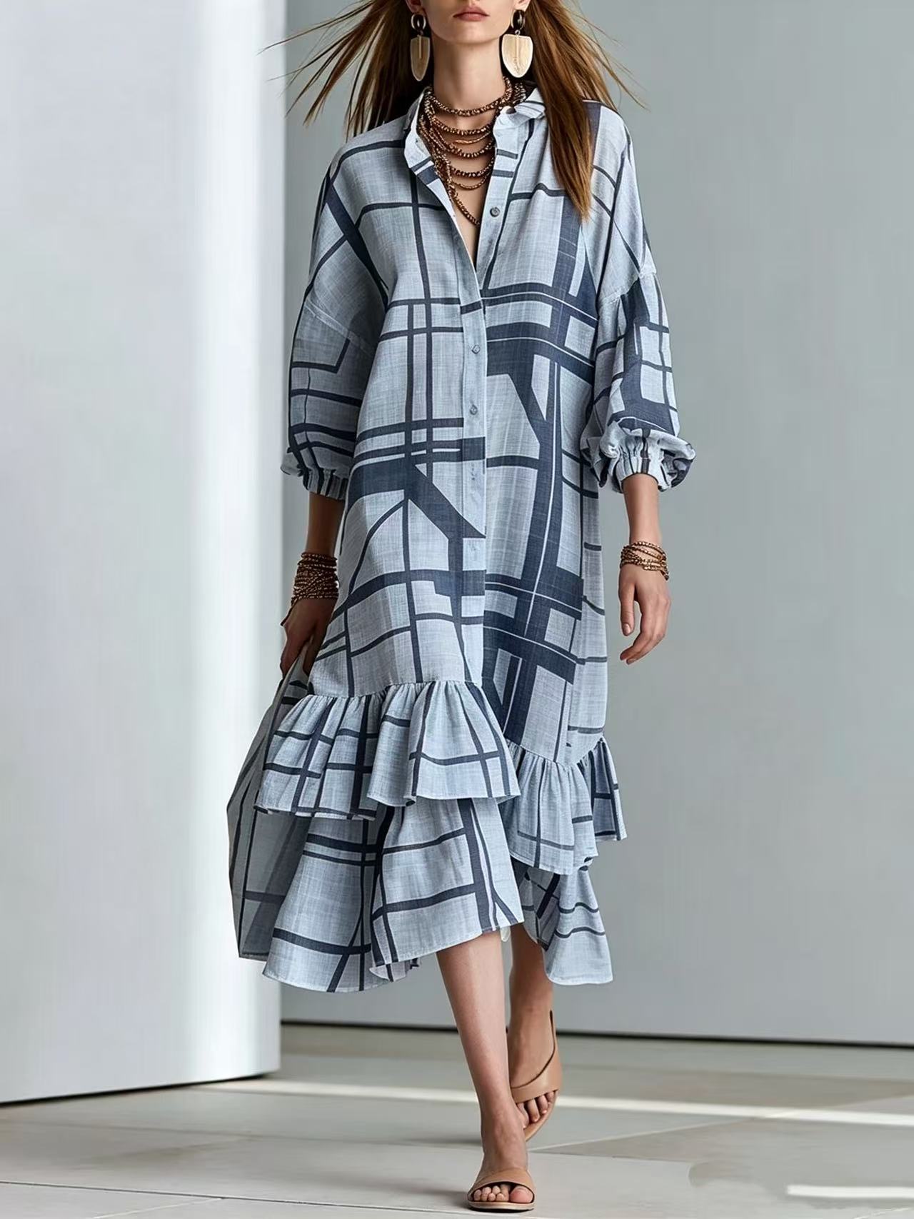 Bohemian Geometric Print Ruffle Asymmetrical Hem Long Shirt Dress