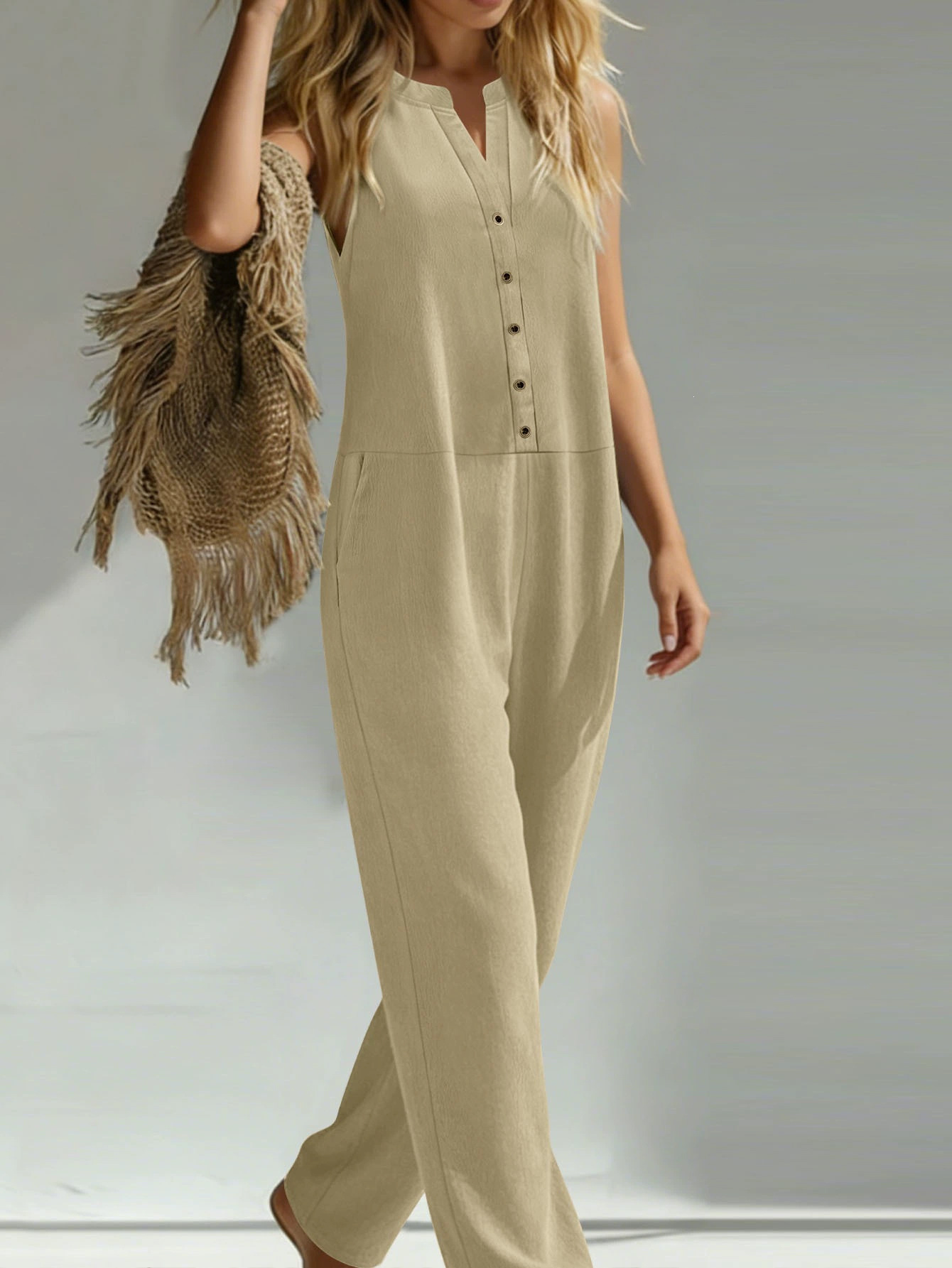 Women's Solid Wide-Leg Sleeveless V-Neck Button Jumpsuit